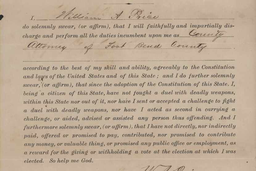 William Price's oath of office for district attorney of Fort Bend County, 1876.
