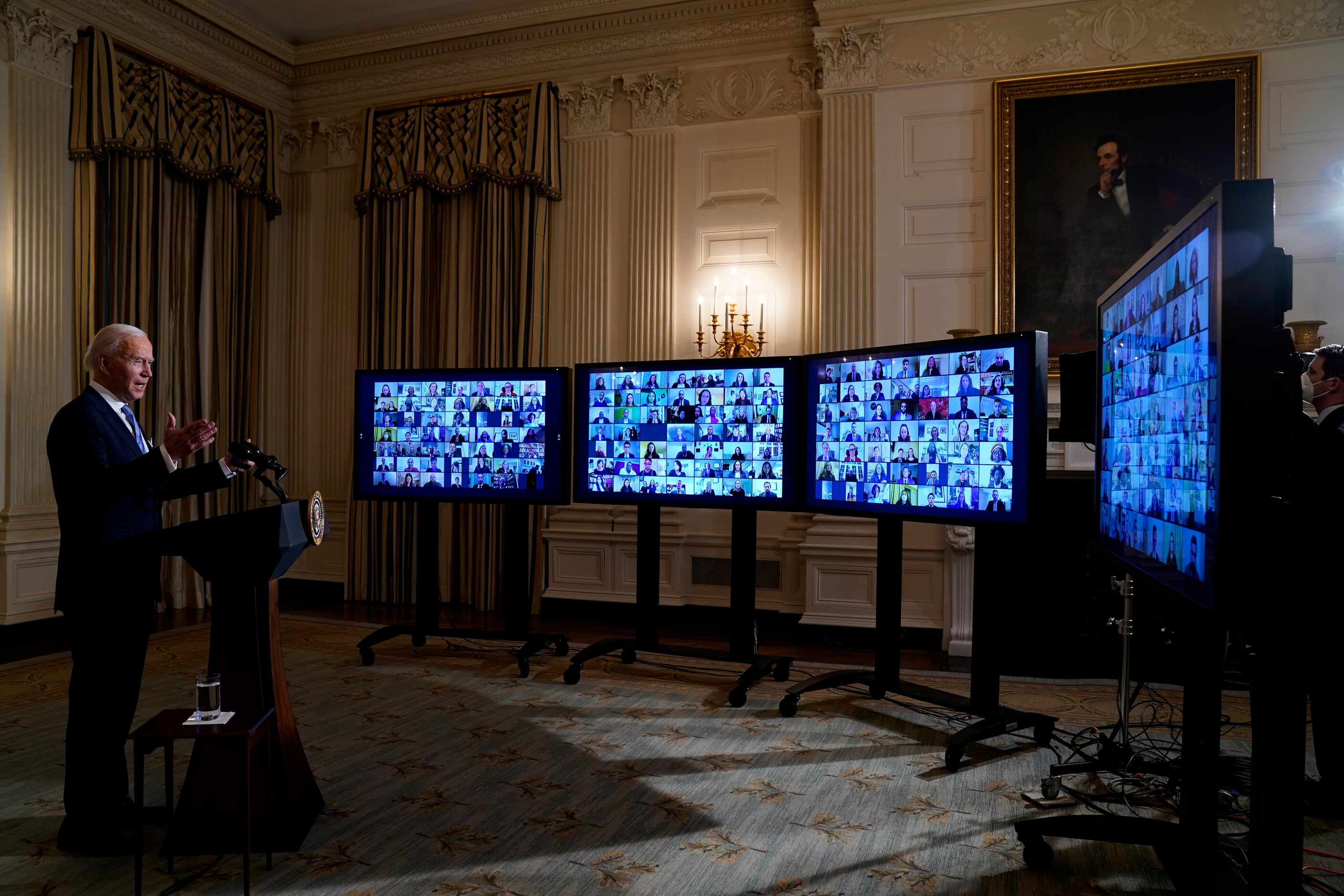 President Joe Biden speaks during a virtual swearing in ceremony of political appointees...