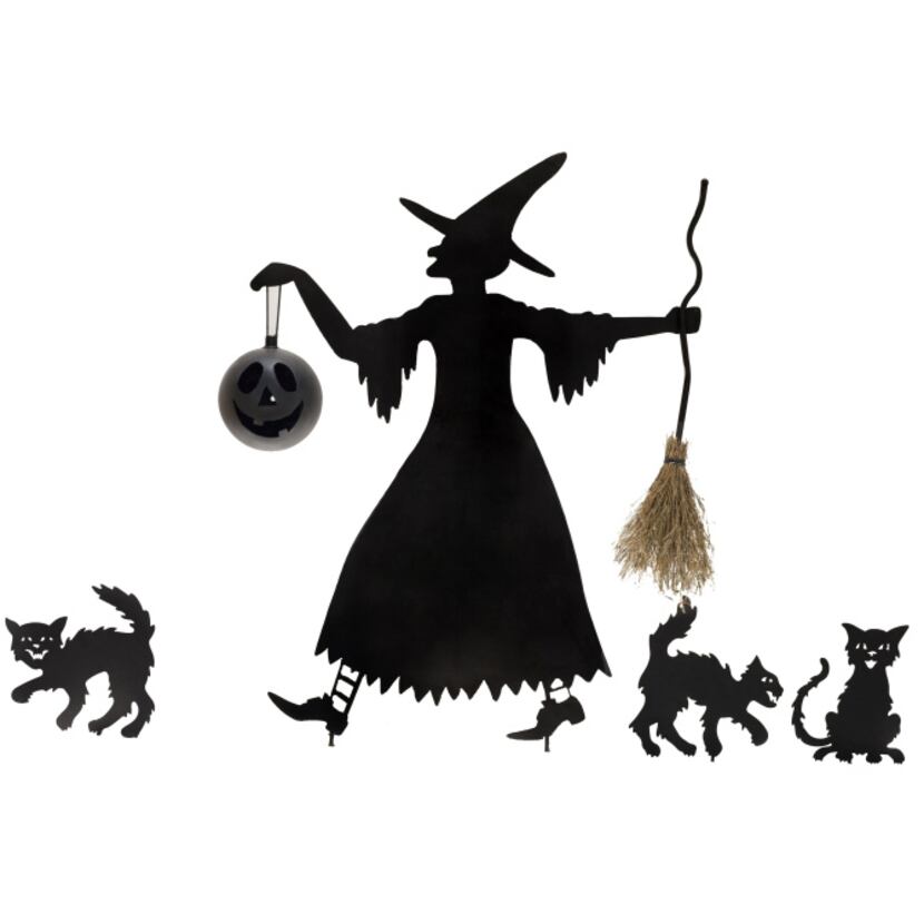 A witch with her catty companions, metal silhouettes for the front yard, is $149.99 from...