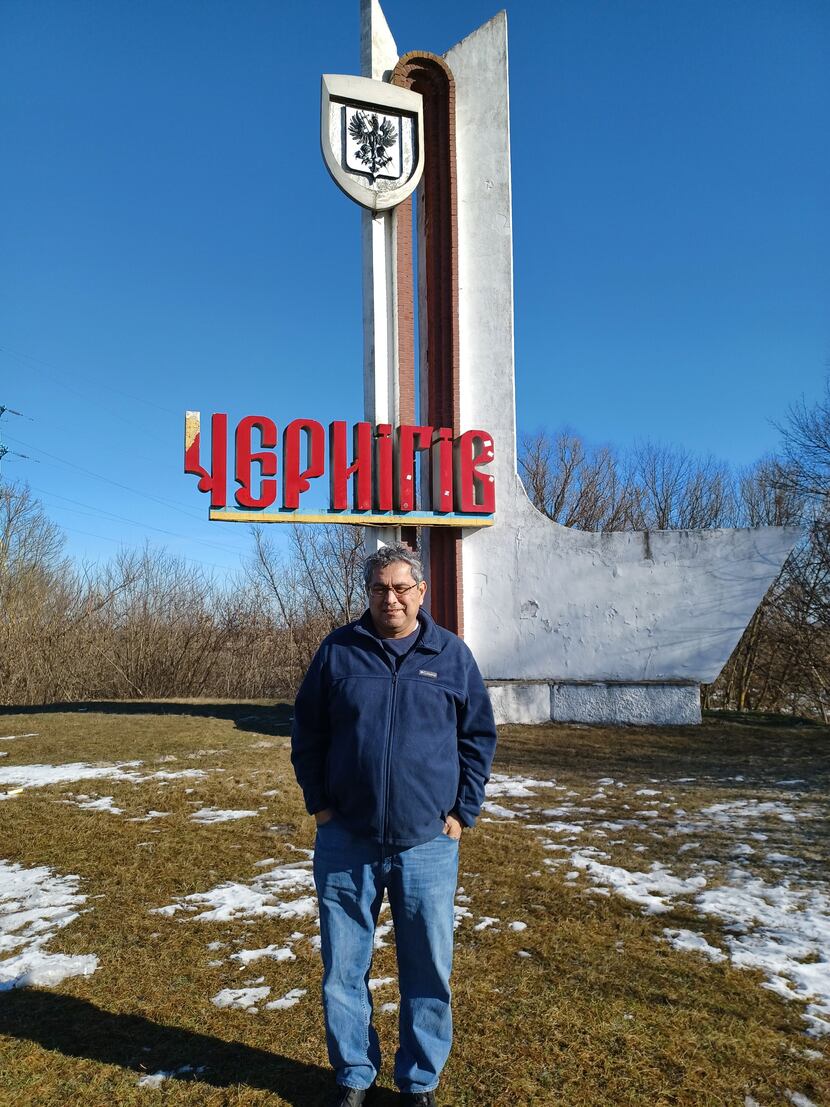 Irving resident Tom Sanchez in a photo in Chernihiv, Ukraine, a city that is about 89 miles...