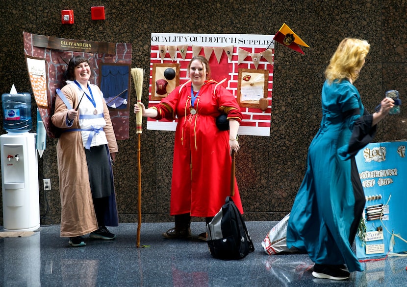 Hannah Walsh (left) is dressed as the wand shop Ollivanders while Kaylee Walsh is dressed as...