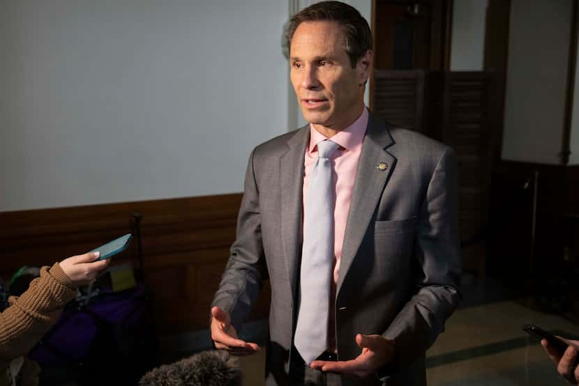 Texas Sen. Nathan Johnson, D-Dallas, speaks to the press after day 10 of Ken Paxton’s...