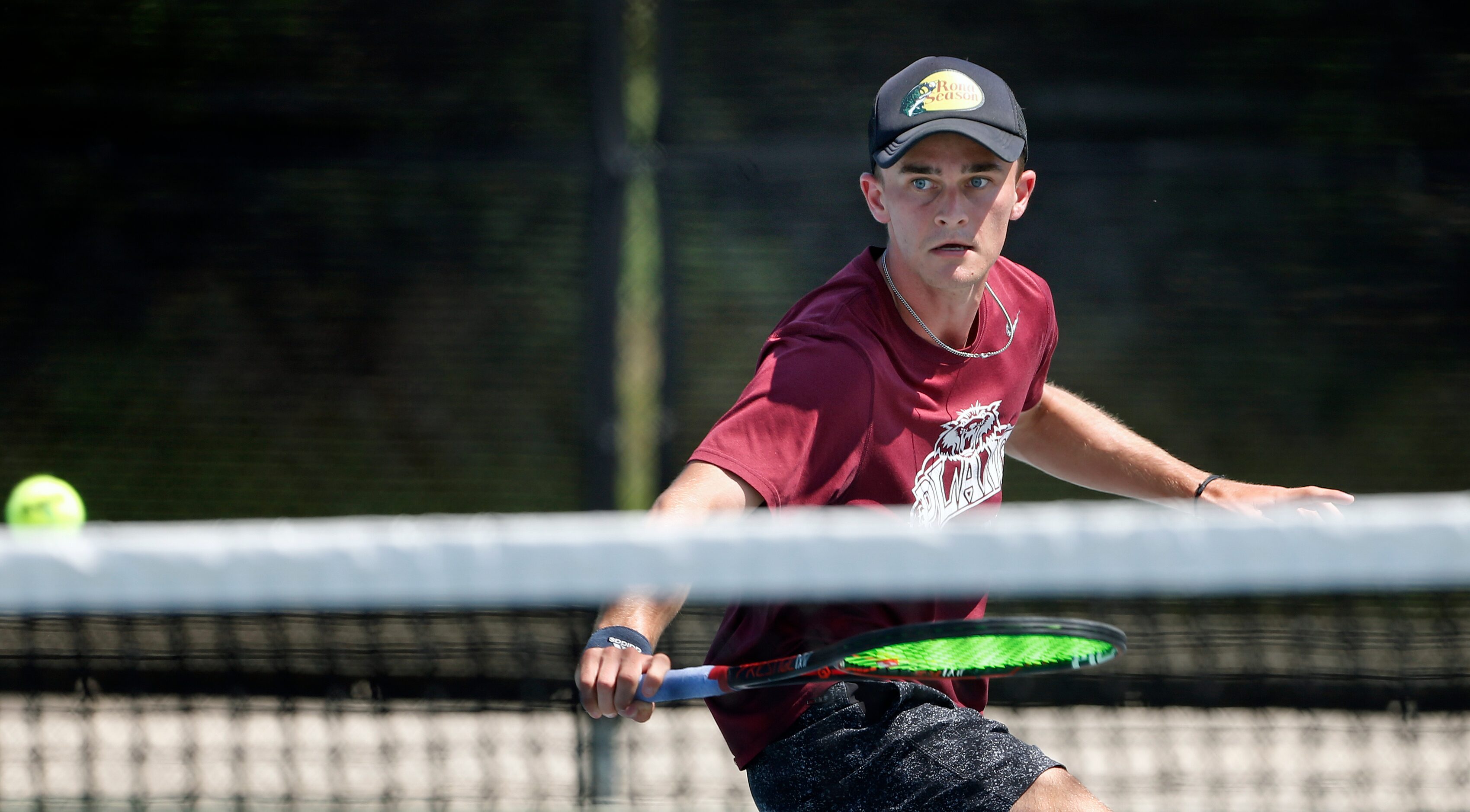 Plano's Ben McDonald makes a return in a 6A boys singles match. UIL state tennis semifinals...