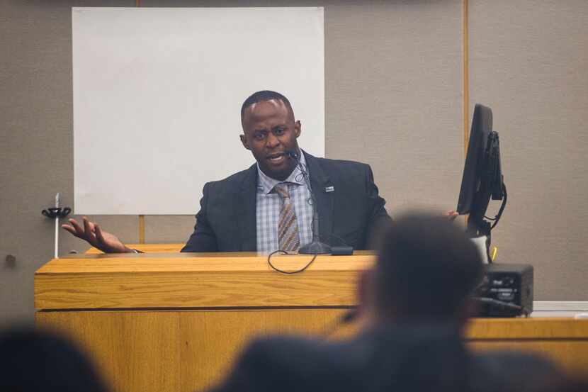 Former Mesquite police officer Derick Wiley is cross-examined by prosecutor Bryan Mitchell...