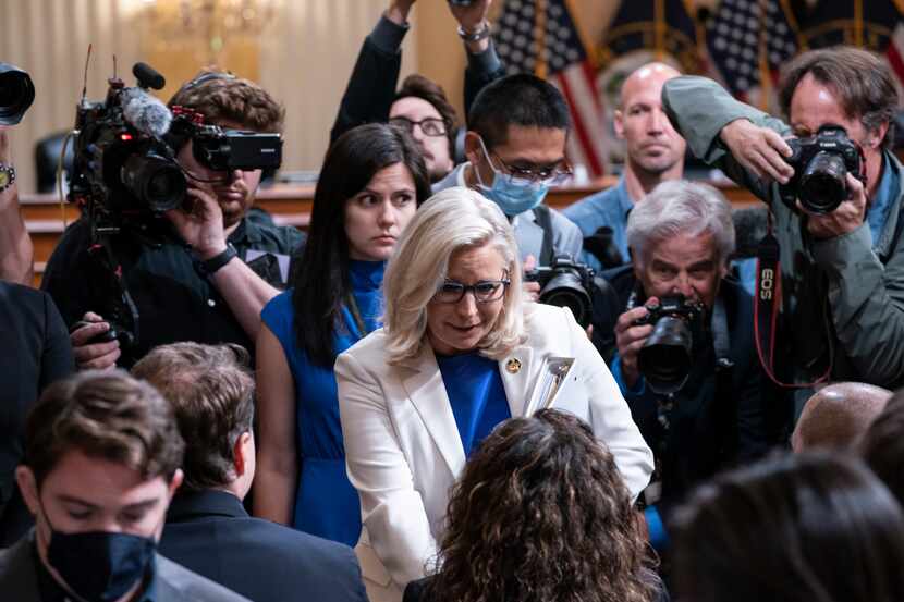 Vice Chair Liz Cheney, R-Wyo., center, greets people after a hearing of the House select...