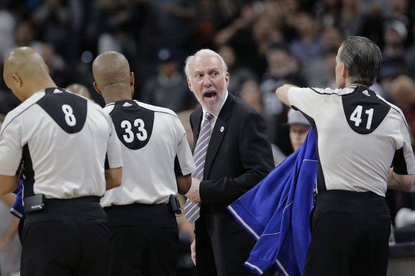 San Antonio Spurs head coach Gregg Popovich argues with officials after the team's loss to...