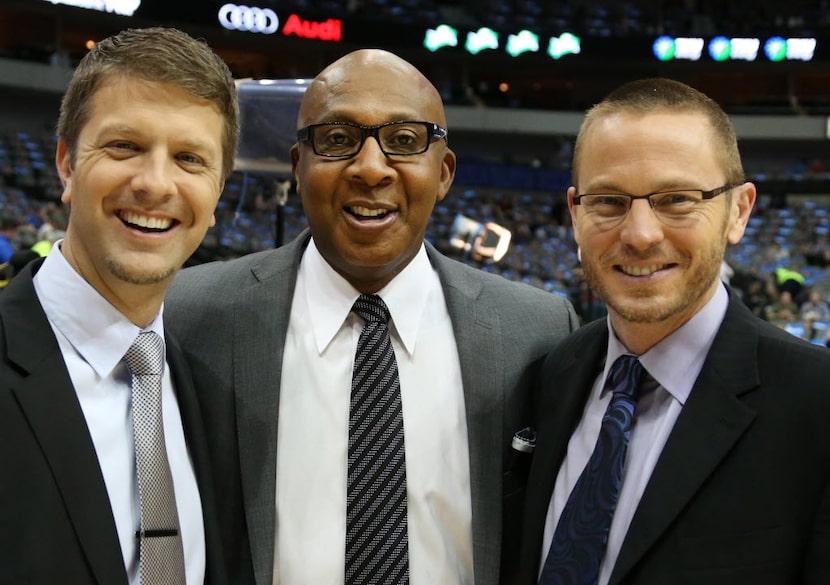 Dallas Mavericks announcers Jeff "Skin" Wade, Derek Harper and Mark Followill are pictured...