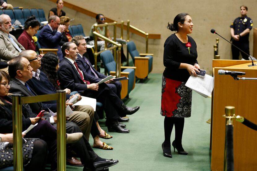 Monica Lira Bravo finishes speaking in support of putting a statue of Adelfa B. Callejo in...