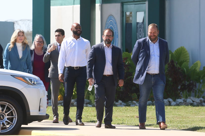 Texas House of Representatives members make their way from the TDCJ Polunsky Unit after a...