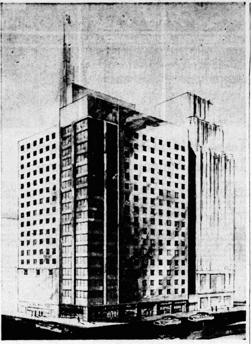 Corrigan Tower shown in an original 1950 architectural rendering.
