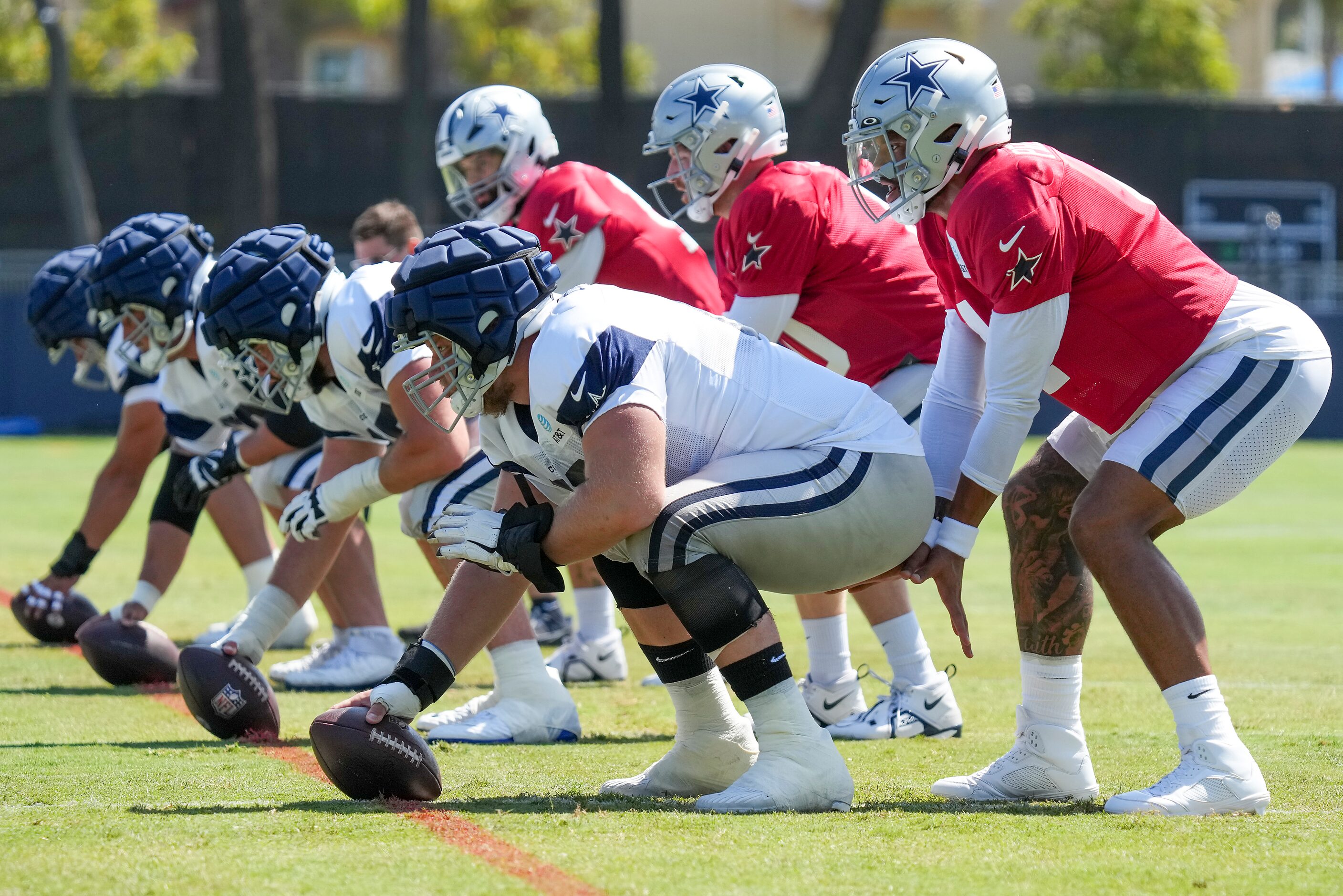 From left, Dallas Cowboys offensive linemen Alec Lindstrom, Matt Farniok, Brock Hoffman and...