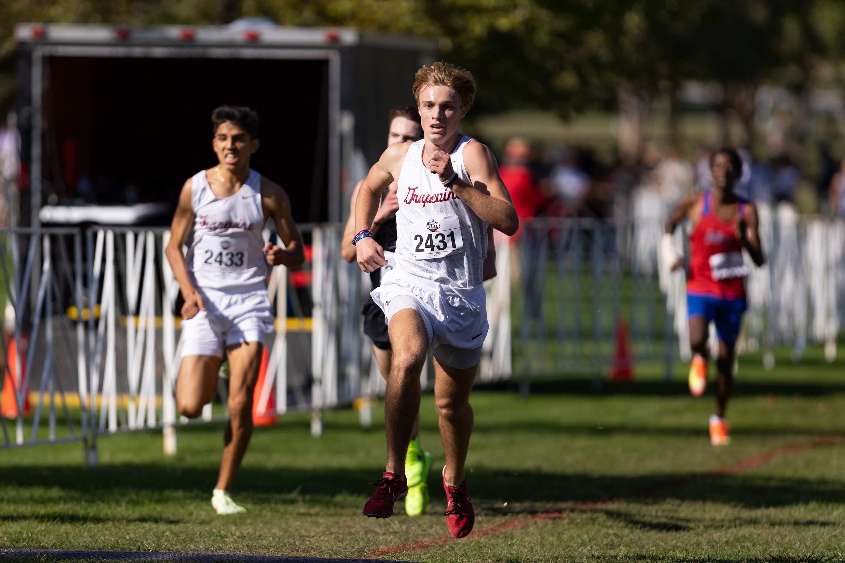 Adam Burlison of the Grapevine Mustangs runs toward the finish in the 5A boys’ 5k race...