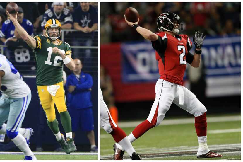 Green Bay Packers quarterback Aaron Rodgers (left) and Atlanta Falcons quarterback Matt Ryan...