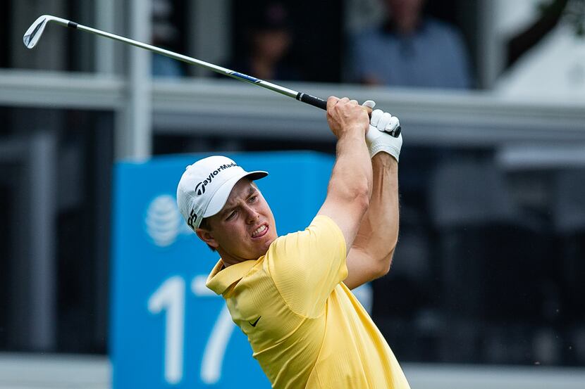 Plano's Parker Coody tees off on hole 17 during the first round of the AT&T Byron Nelson on...