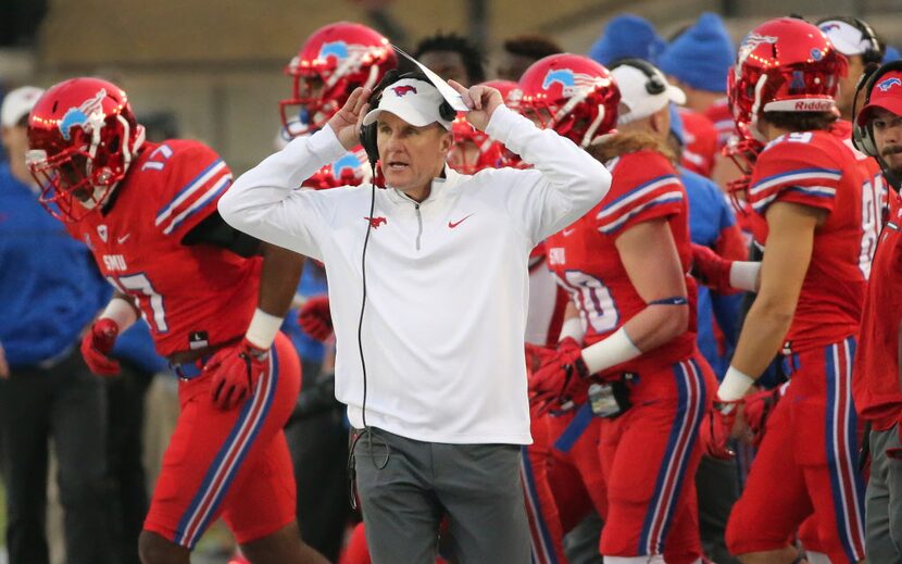 SMU head coach Chad Morris is pictured during the Navy Midshipmen vs. the SMU Mustangs NCAA...