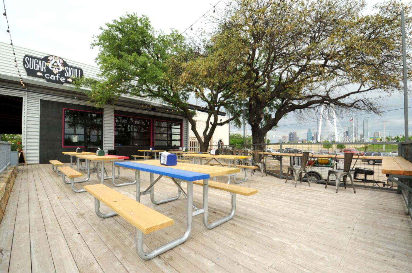 Patio seating at Sugar Skull provides a nice view of downtown Dallas.