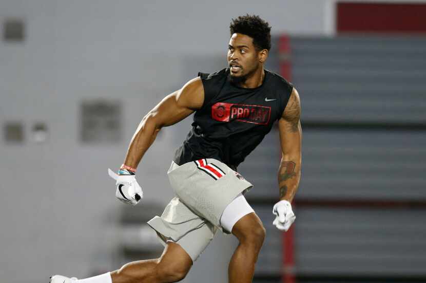 Cornerback Gareon Conley runs a drill during football Pro Day at Ohio State University in...