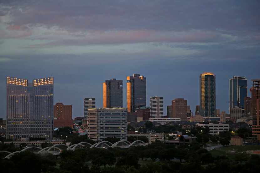 Part of the Fort Worth skyline at dusk, including the Paul Rudolph-designed City Center...