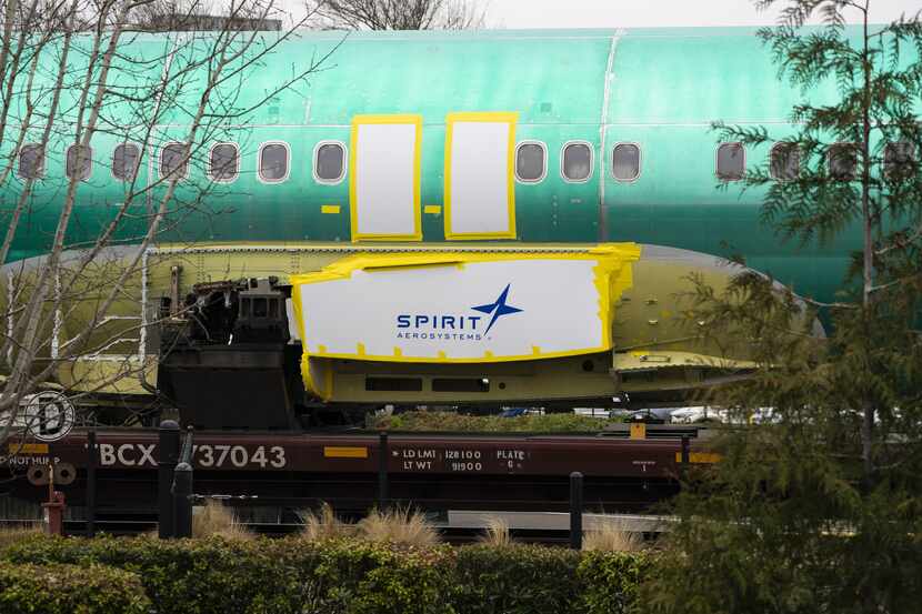 Spirit AeroSystems Holdings Inc. signage on a Boeing 737 fuselage outside the Boeing Co....