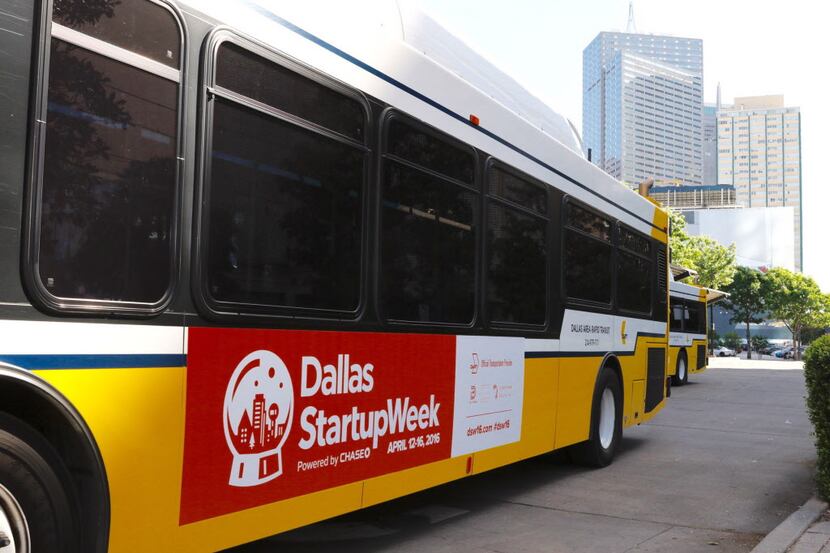 A DART bus displays an ad for Dallas Startup Week, the second citywide conference for...