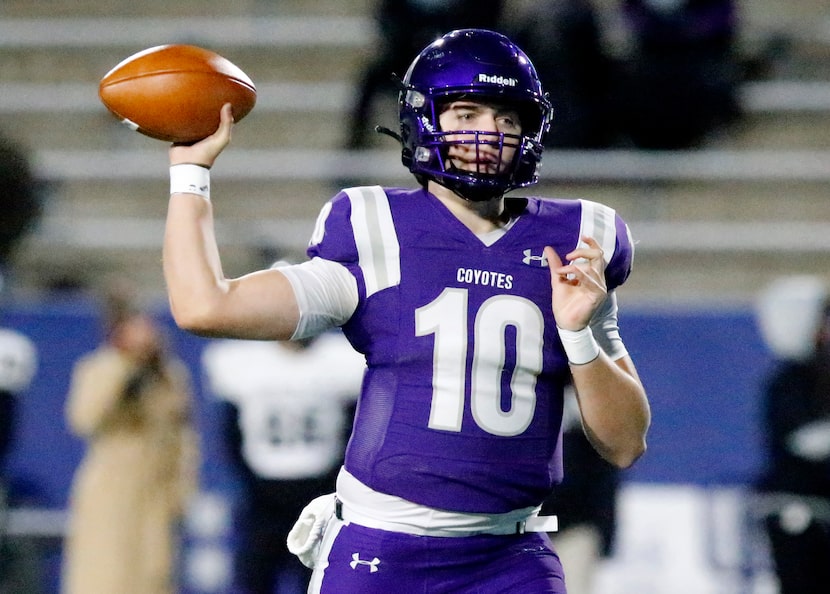 Anna High School quarterback Evan Bullock (10) throws a pass during the first half as...