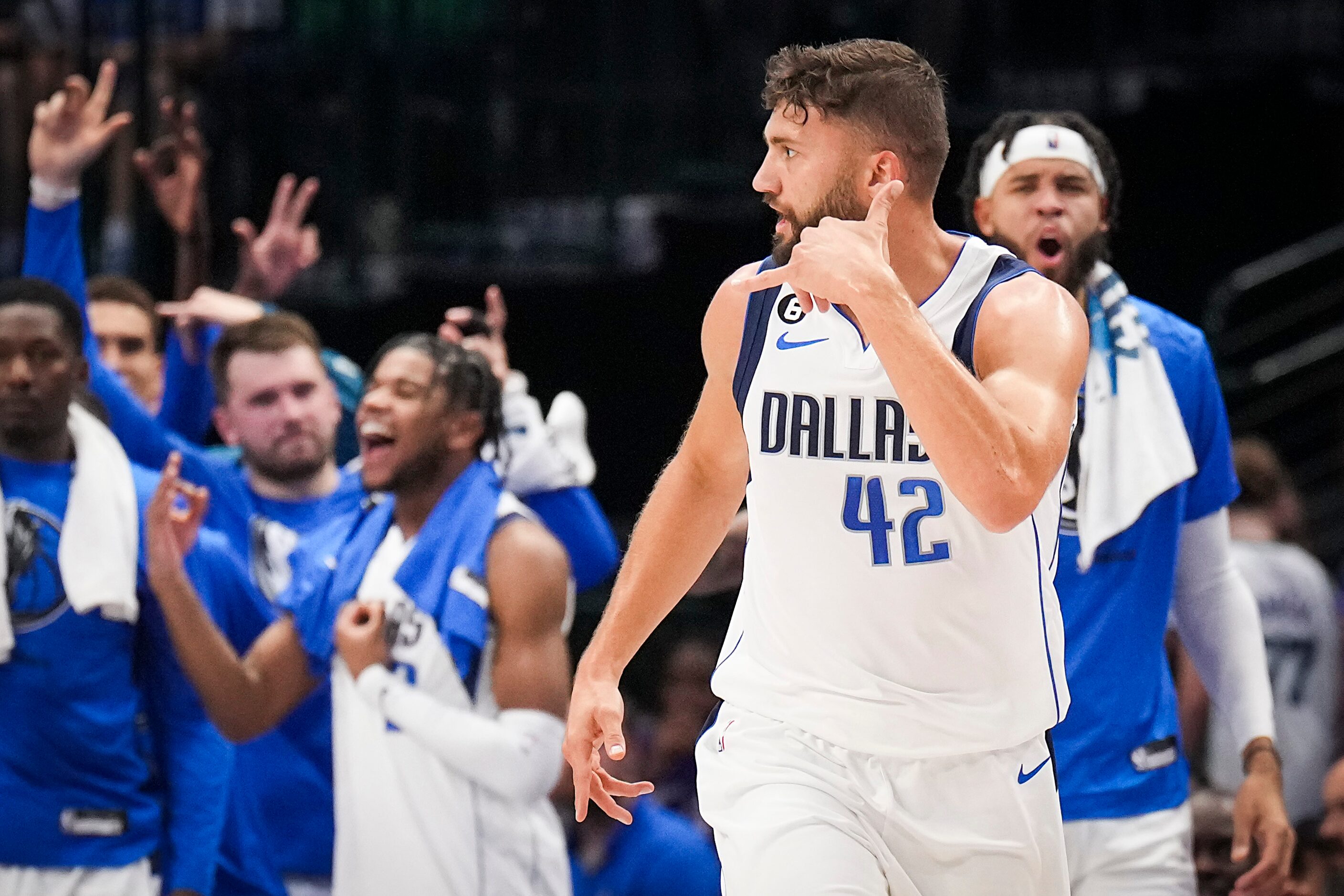 Dallas Mavericks forward Maxi Kleber (42) celebrates after hitting a 3-pointer during the...