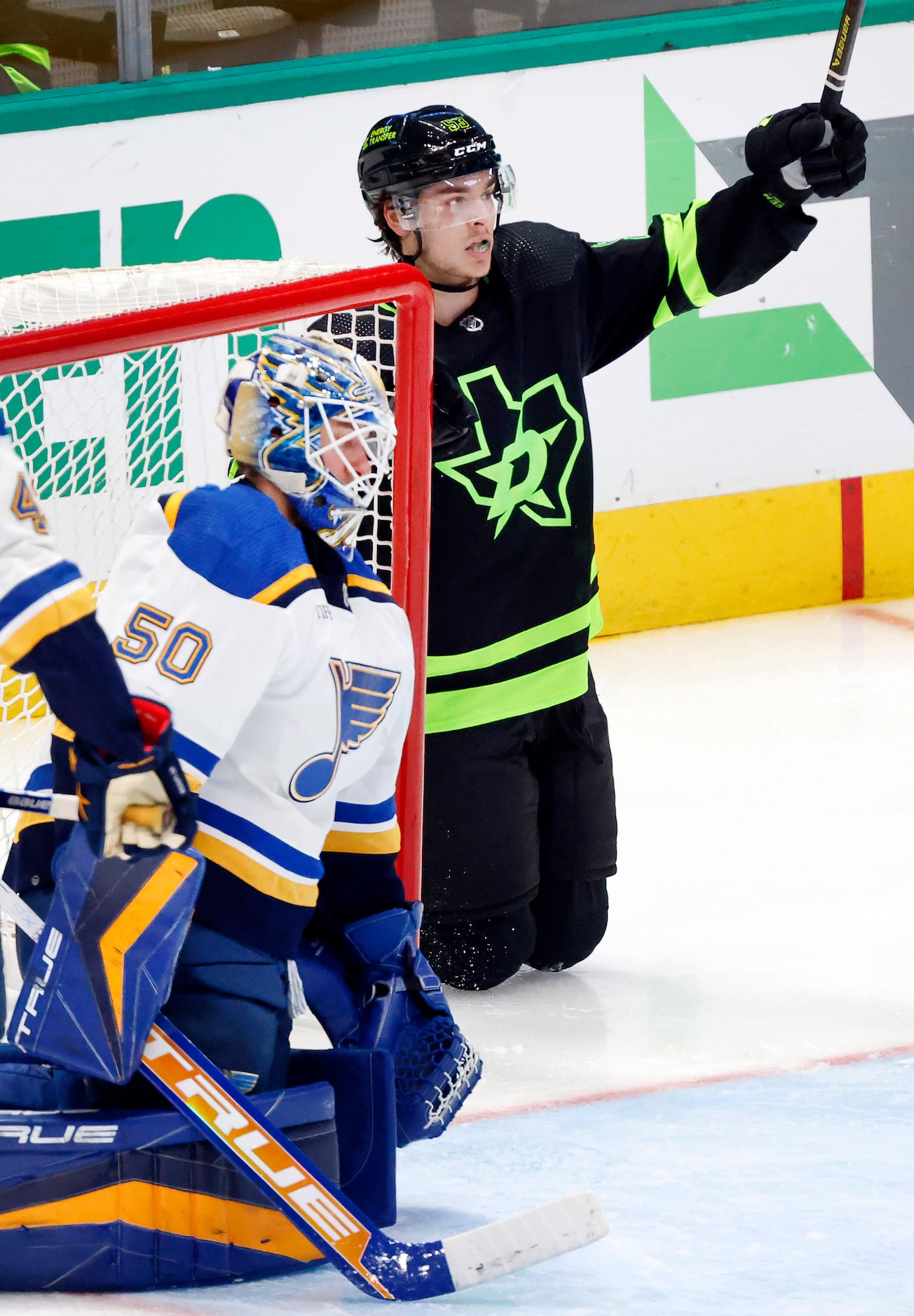 Dallas Stars center Wyatt Johnston (53) celebrates his third period goal against St. Louis...