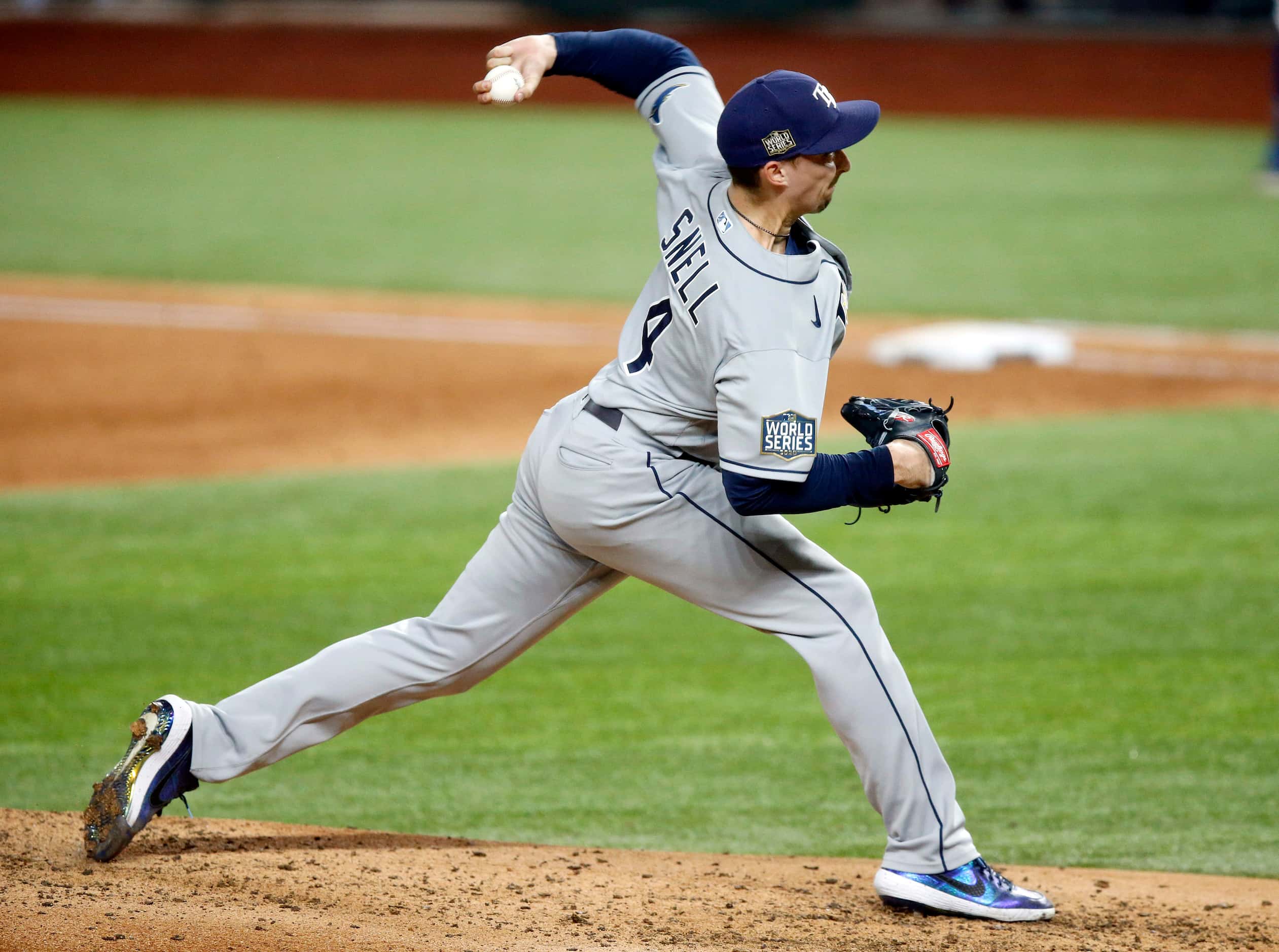 Tampa Bay Rays starting pitcher Blake Snell (4) throws against the Los Angeles Dodgers...