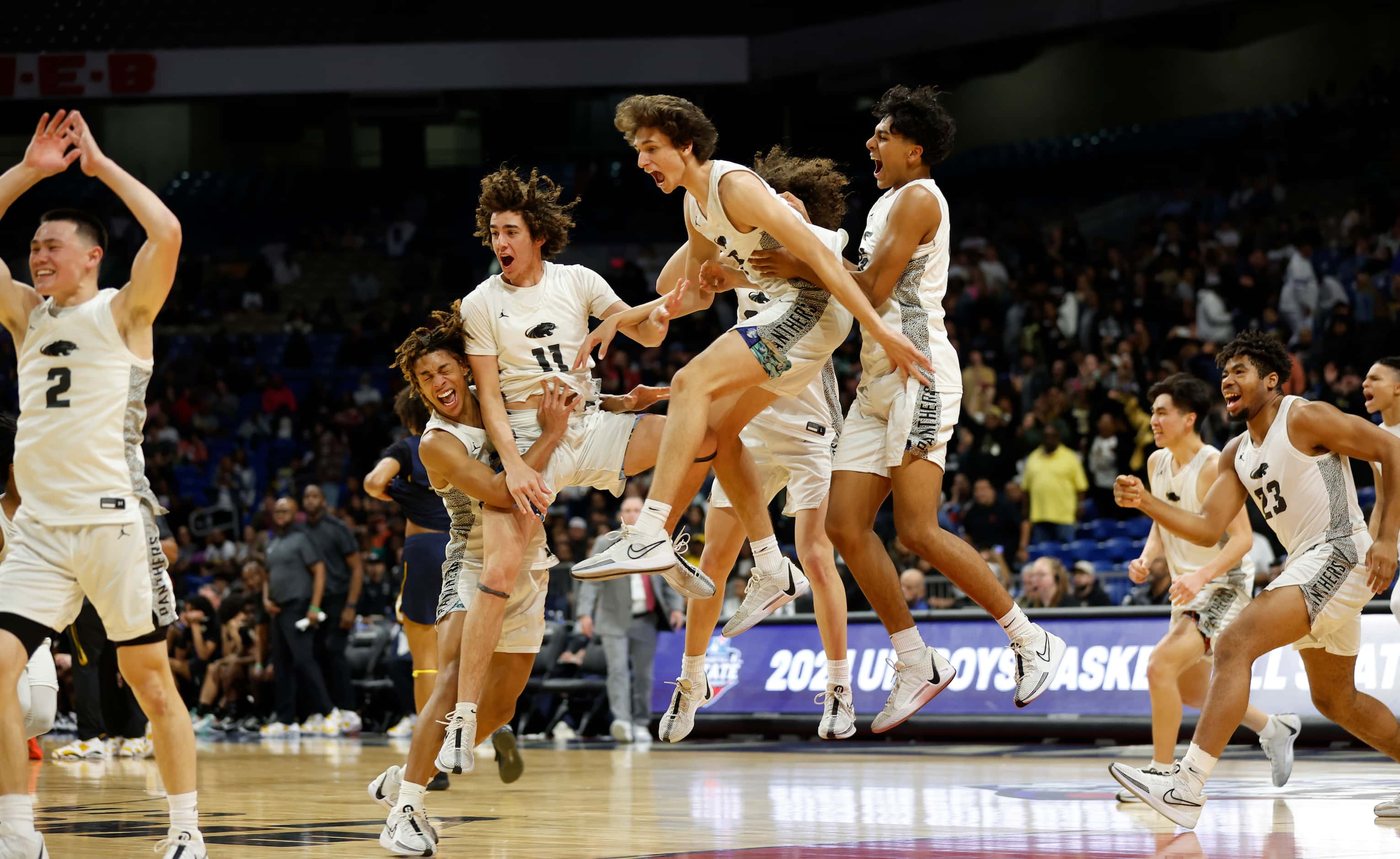 Plano East celebrates after defeating Round Rock Stony Point 53-41 in the UIL Class 6A boys...
