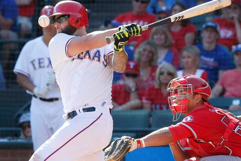 Texas Rangers first baseman Mike Napoli (25) is pictured during the Los Angeles Angels vs....