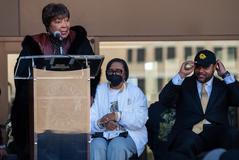 Congresswoman Eddie Bernice Johnson, left, speaks during the Celebration of Champions Parade...