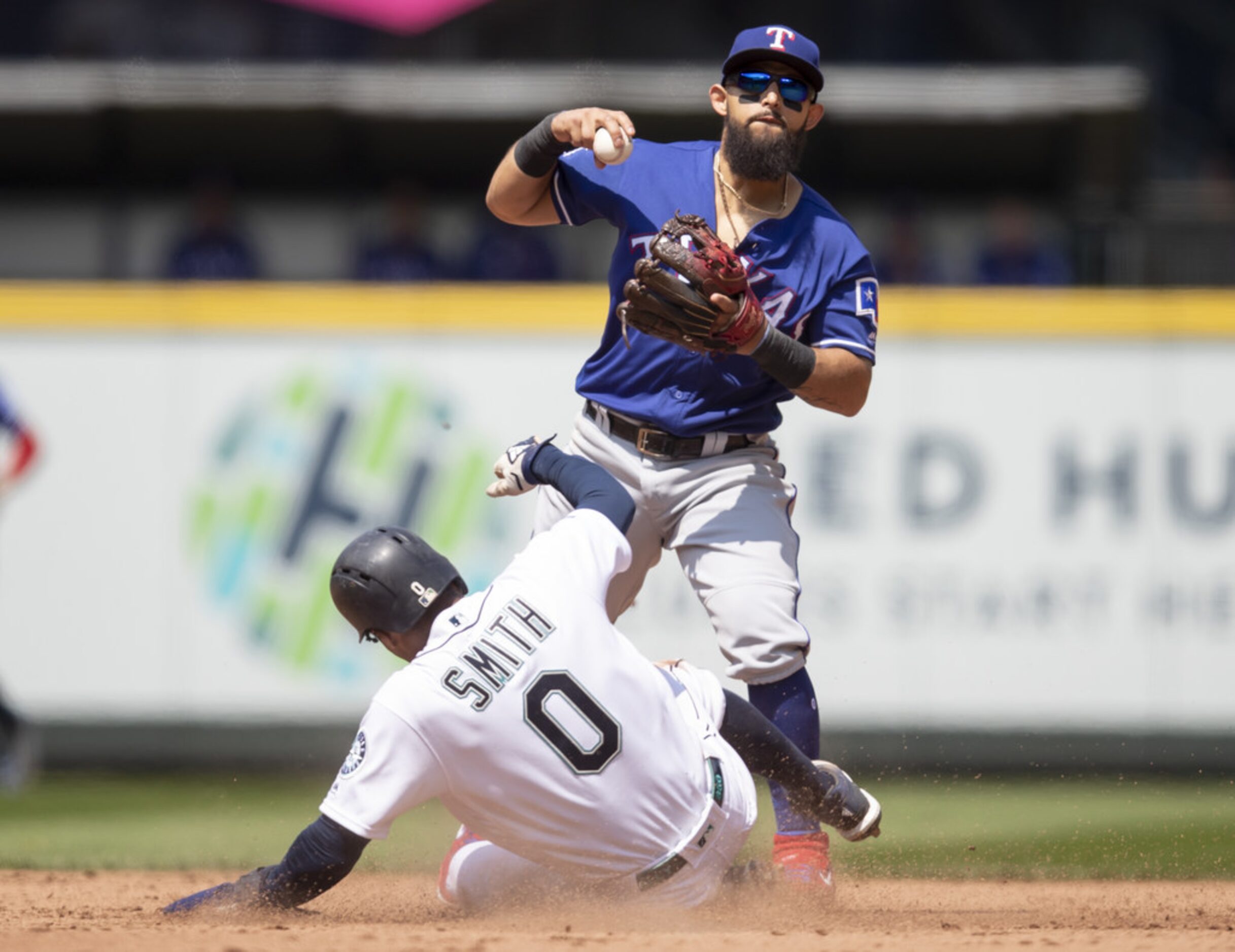 SEATTLE, WA - MAY 29: Second baseman Rougned Odor #12 of the Texas Rangers is unable to turn...