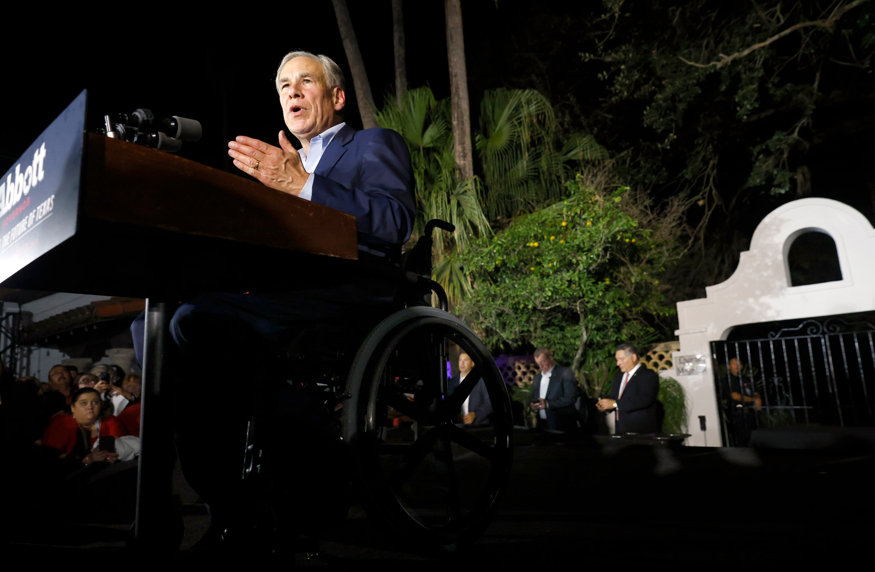  Texas Governor Greg Abbott delivers his victory speech at his watch party held outside...