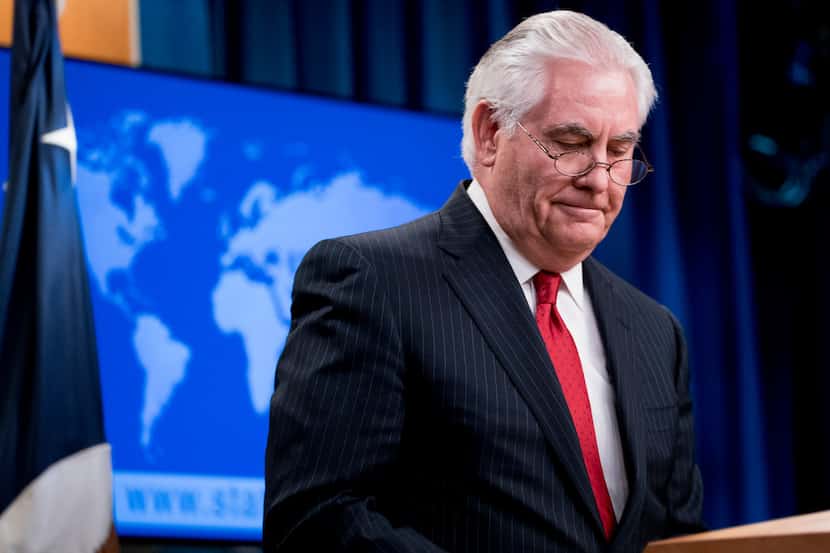 Secretary of State Rex Tillerson steps away from the podium after speaking at a news...