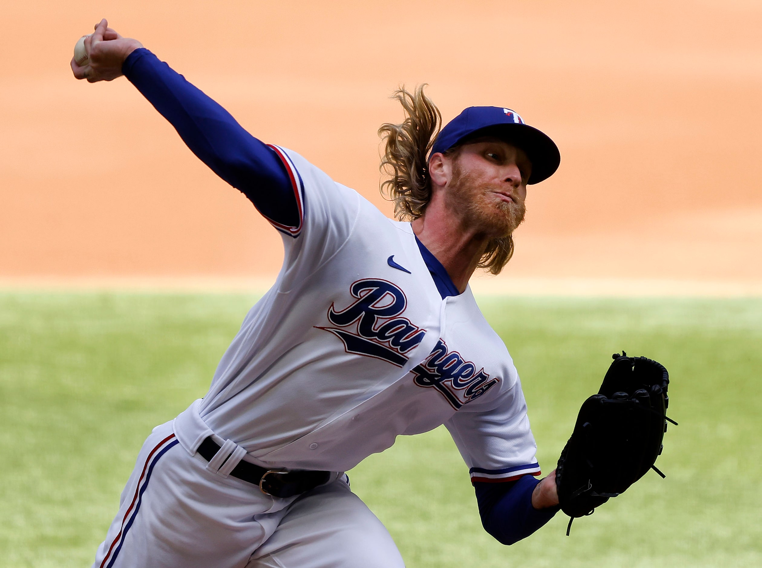 Texas Rangers starting pitcher Mike Foltynewicz (20) throws against the Toronto Blue Jays in...