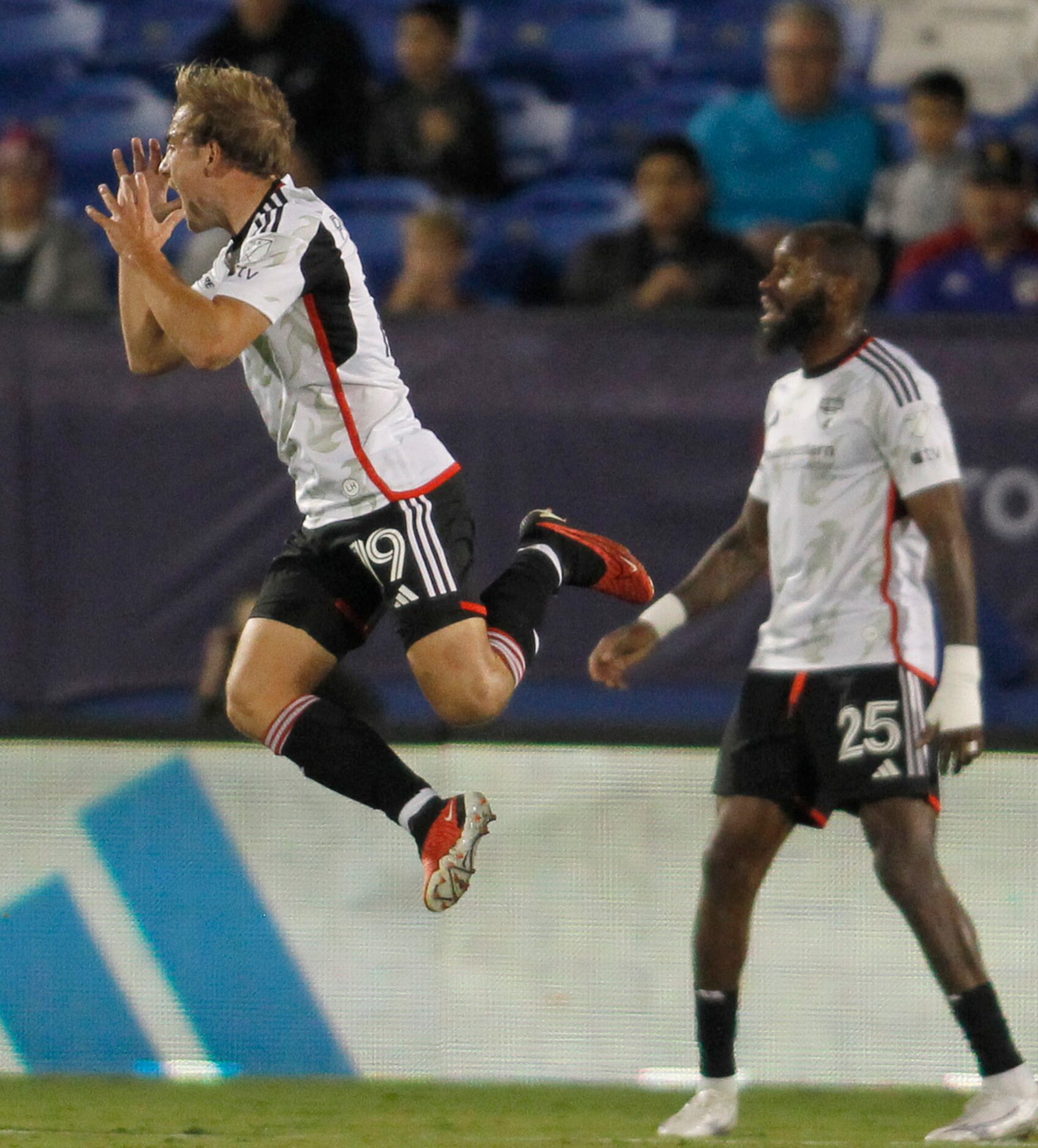 FC Dallas midfielder Paxton Pomykal (19) leaps in disbelief as defender Sebastien Ibeagha...