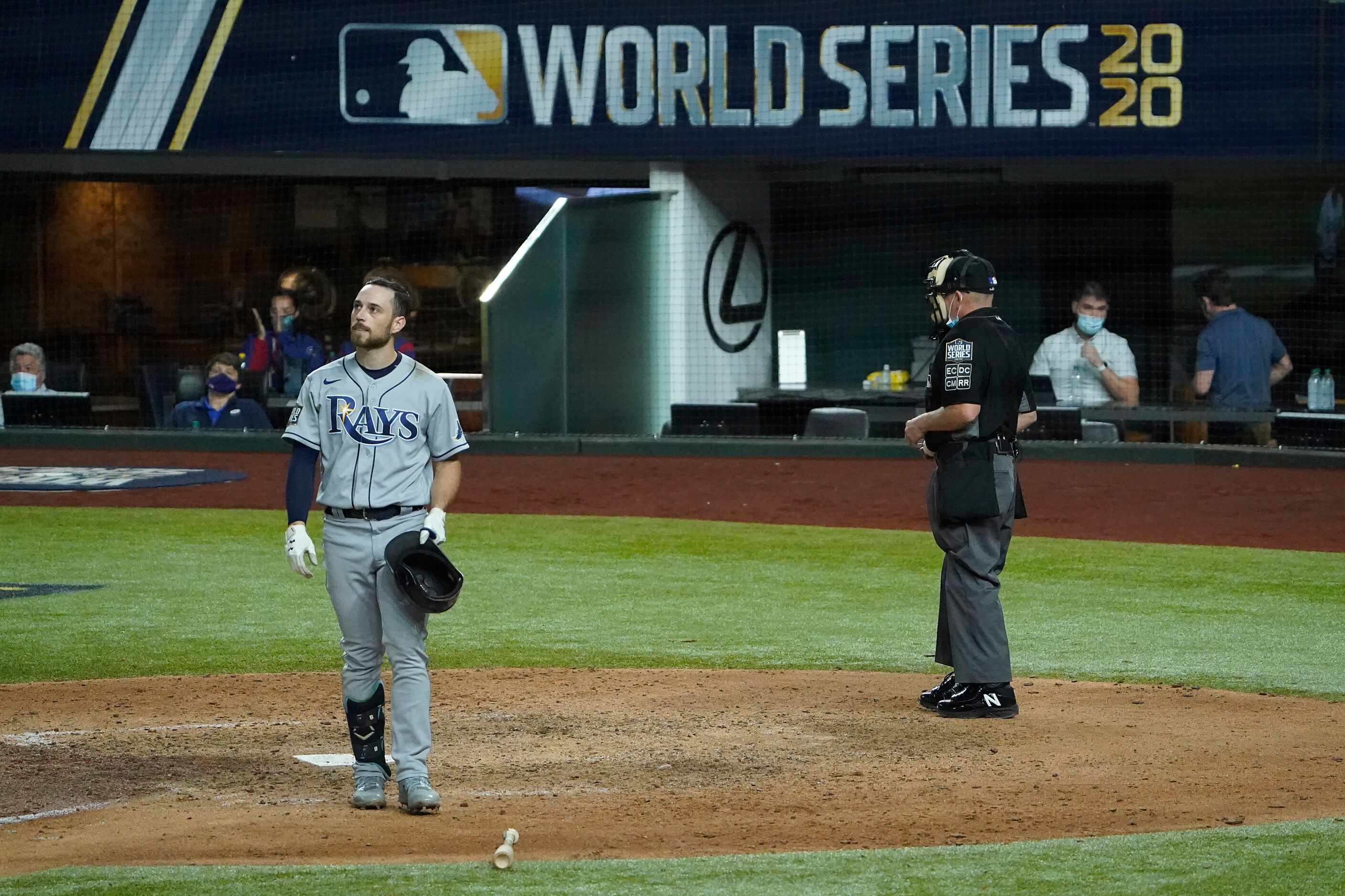 Tampa Bay Rays second baseman Brandon Lowe reacts after striking out against Los Angeles...