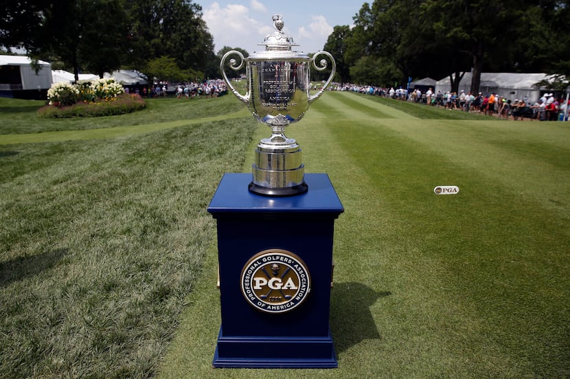 FILE - The Wanamaker Trophy is seen during the first round of the PGA Championship golf...