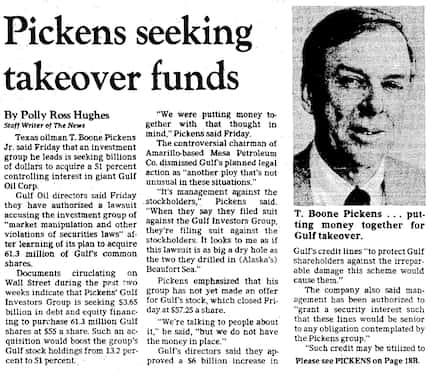 The Dallas Morning News covered Picken's attempted takeover of Gulf Oil. Find more articles...