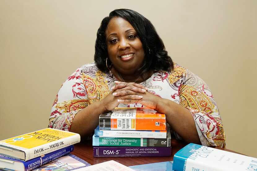 Licensed clinical social worker Kiva Harper at her office on the campus of UTA in Arlington,...