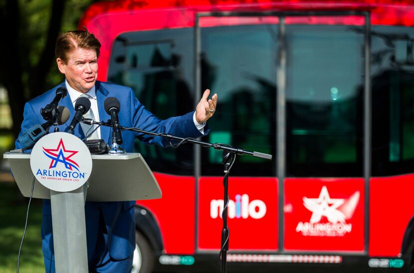 Arlington Mayor Jeff Williams spoke last August as Arlington launched Milo, a free shuttle...