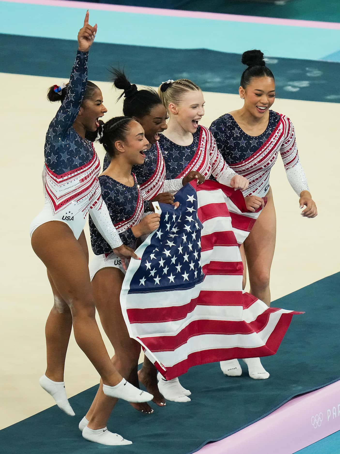 From left, Jordan Chiles, Hezly Rivera, Simone Biles, Jade Carey and Suni Lee of the United...
