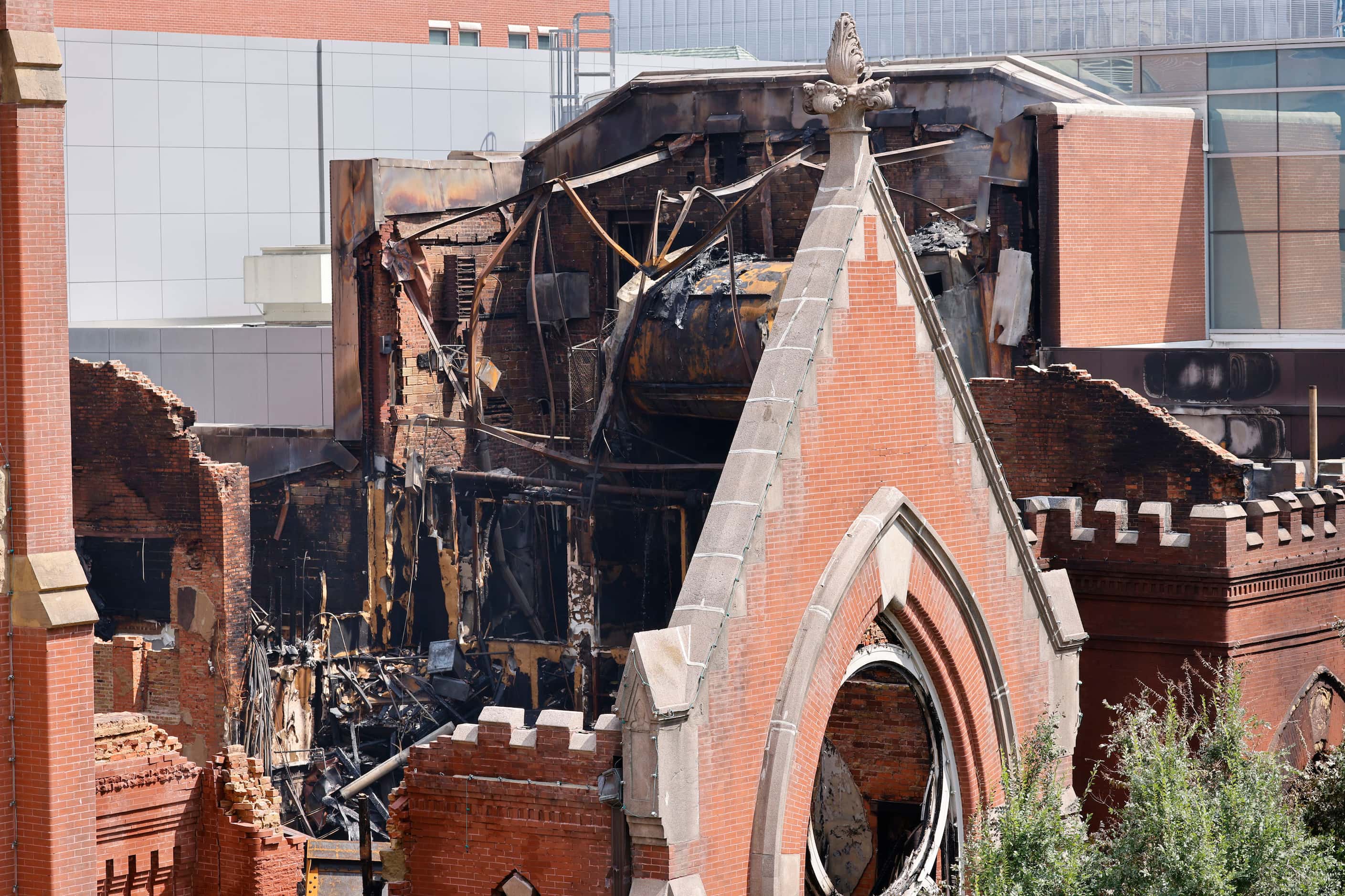 Fire damage to First Baptist Dallas church is seen, Saturday, July 20, 2024, after a fire...