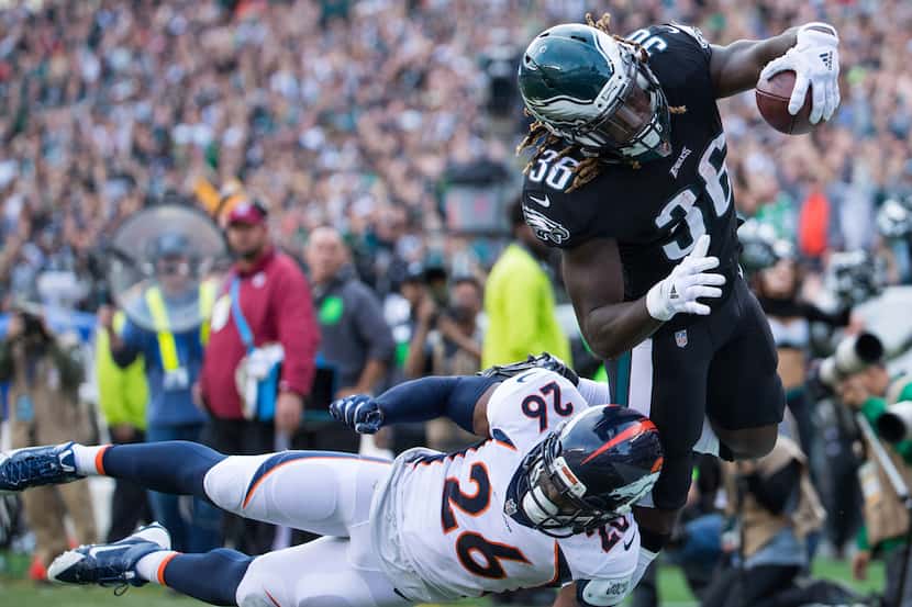 Philadelphia Eagles running back Jay Ajayi (36) leaps into the end zone to score a touchdown...