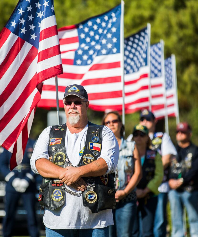 Patriot Riders stand guard during funeral services for retired Army Air Corps 1st Lieutenant...