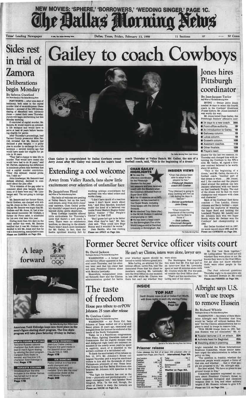 Front page of Feb. 13, 1998, when Chan Gailey was announced as the new head coach of the...