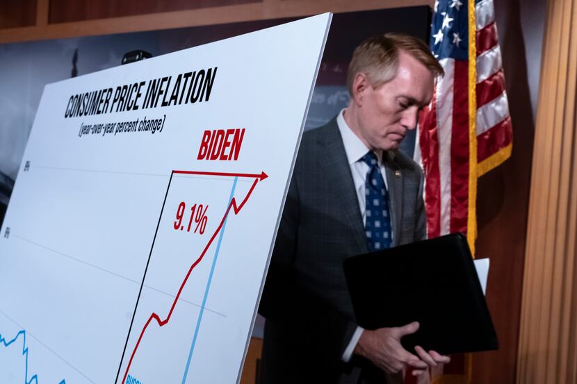 Sen. James Lankford, R-Okla., departs a news conference after speaking about inflation...