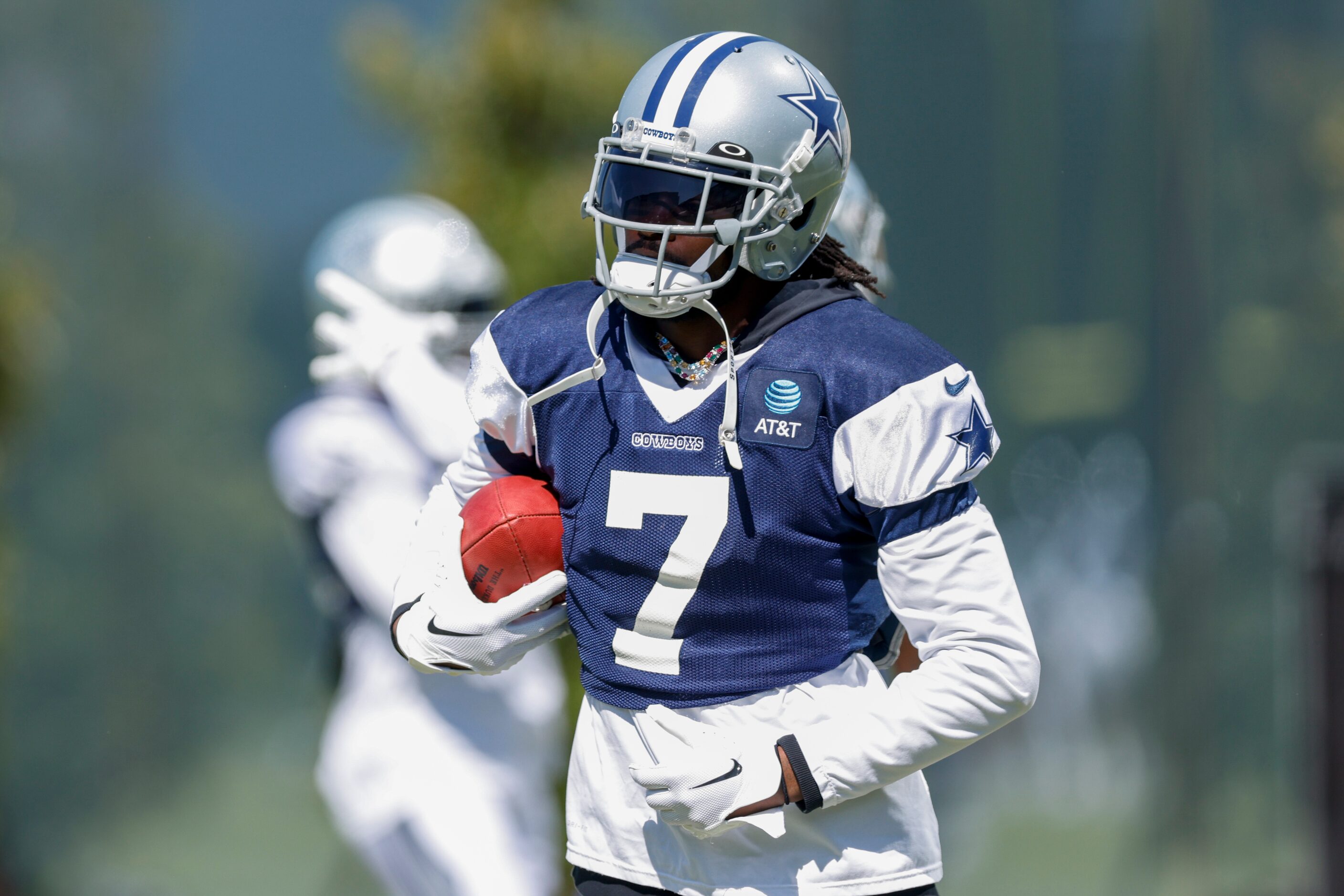 Dallas Cowboys cornerback Trevon Diggs (7) runs with the ball during a practice at The Star,...