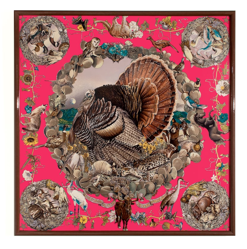 A regal turkey occupies the center of Kermit Oliver's "Faune et Flore du Texas," surrounded...