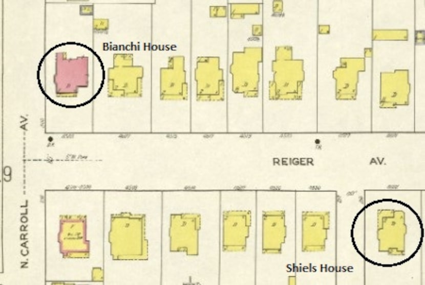 A section of the 1922 Sanborn Fire Insurance Map of Dallas. The Bianchi House is at the top...